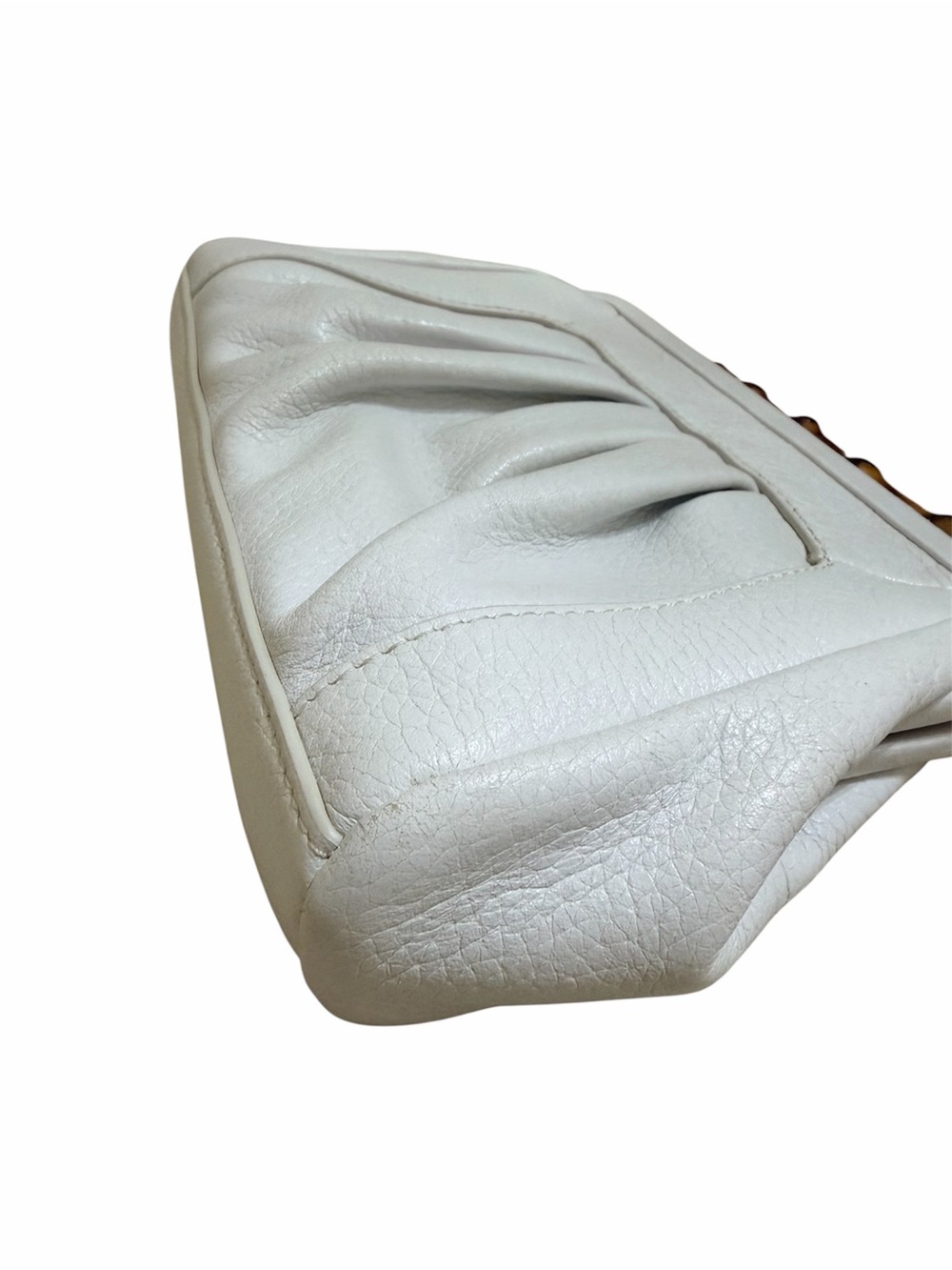 Elaine Turner White Leather Clutch Bamboo Handle with Small Mirror Chic Boho - Picture 6 of 11